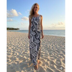 NEW! Tommy Bahama Maxi Dress Medium Navy Tropical Print Ruched Tie, Split
